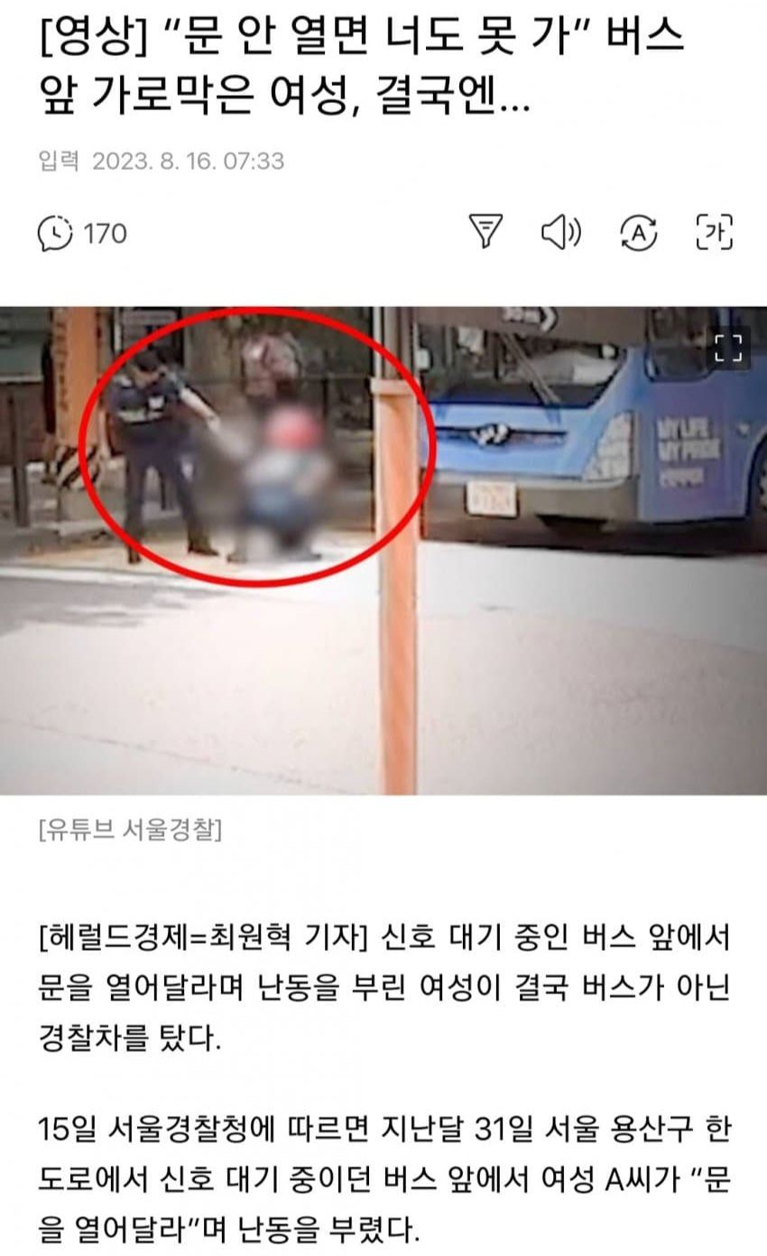 “문 안 열면 너도 못 가” 버스 앞 가로막은 여성, 결국엔…