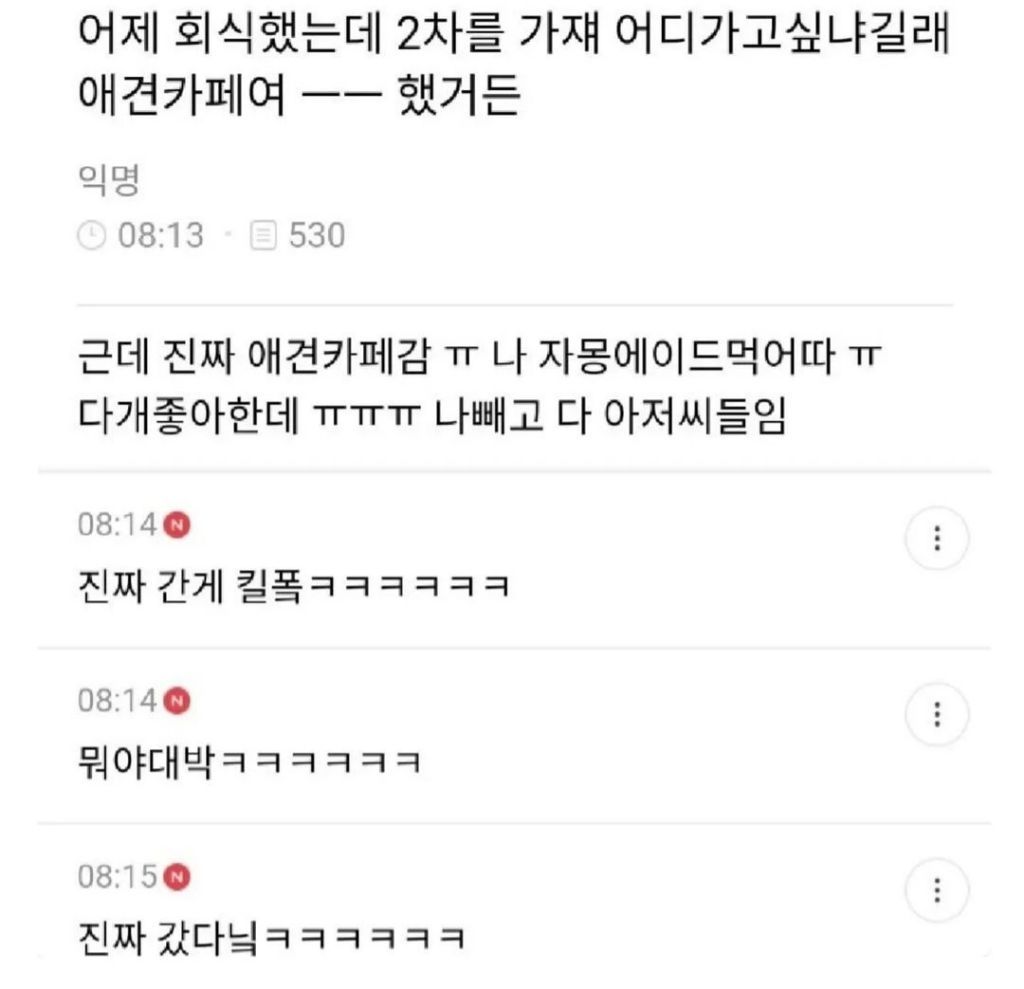 어제 회식햇는데 2차를 가쟤 어디가고싶냐길래 애견카페여 ㅡㅡ 했거든