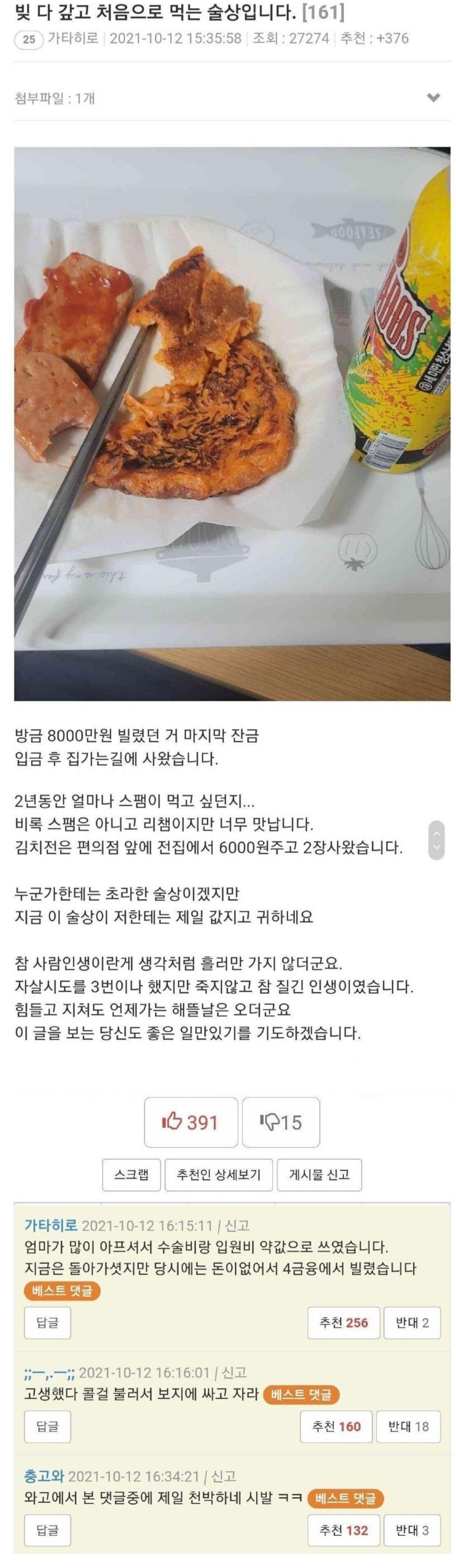 빚 다갚고 처음으로 먹는 술상