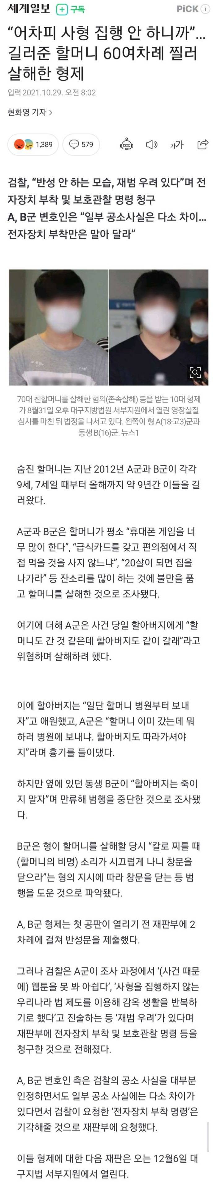 길러준 할머니 60여차례 찔러 살해한 형제