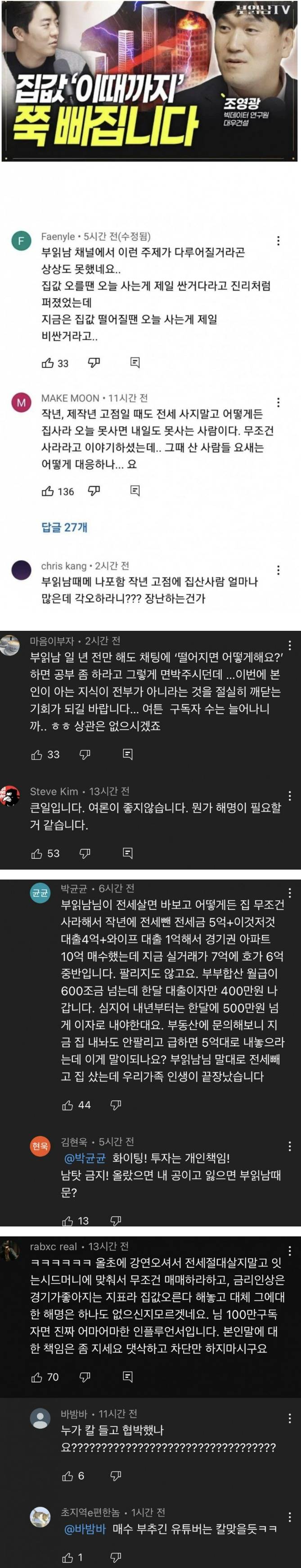 부동산 유튜버 댓글 상황