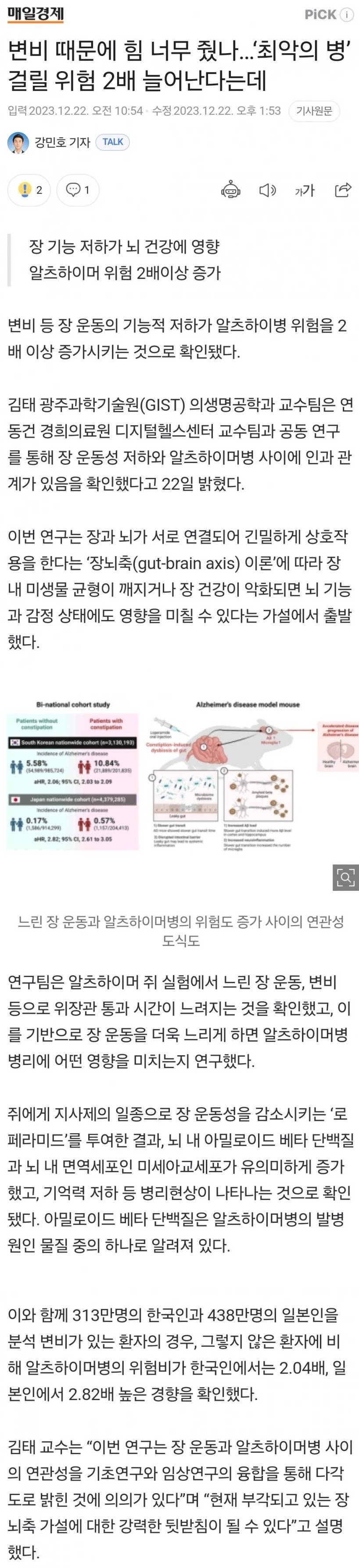 변비가 증가시키는 치매 위험