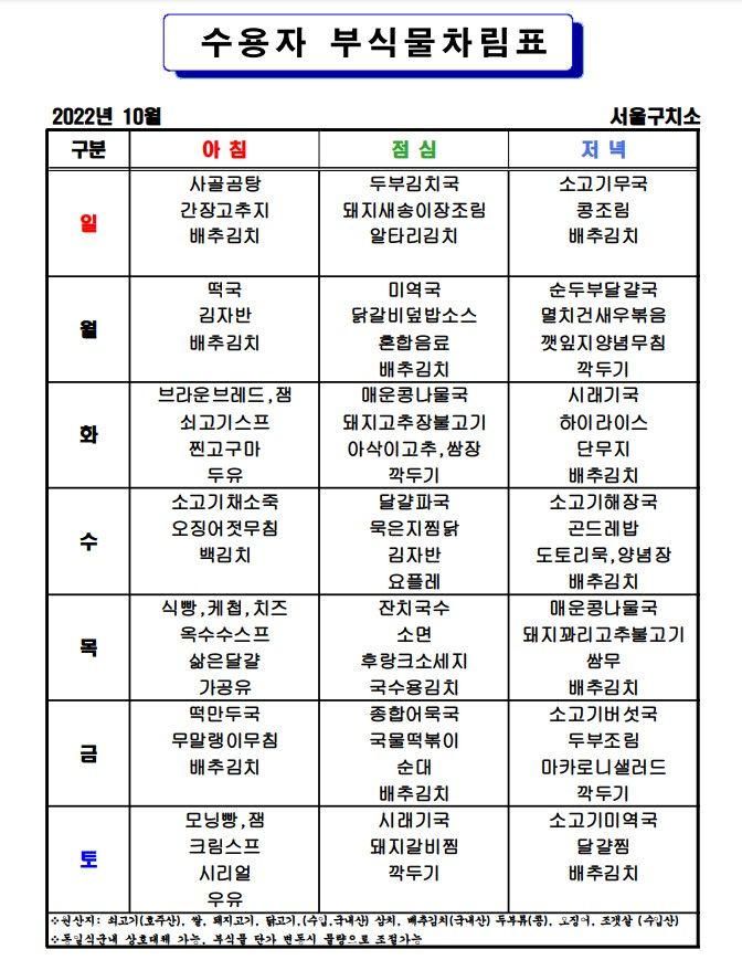 서울구치소 10월 식단표