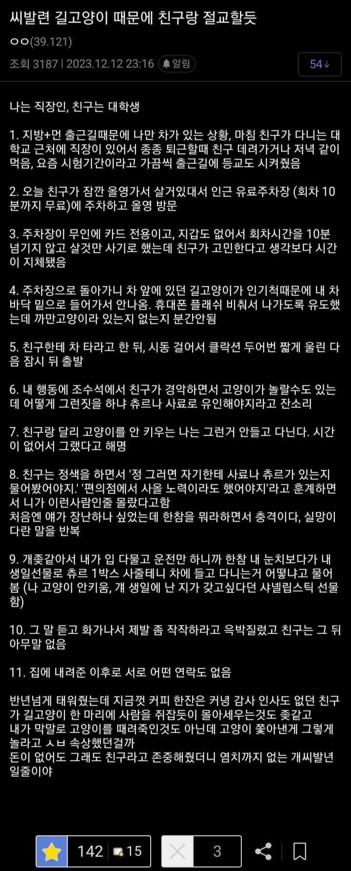 길 고양이 때문에 친구랑 절교한 썰