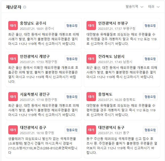 현재까지 벌어진 우편물 독극물 사태 지도