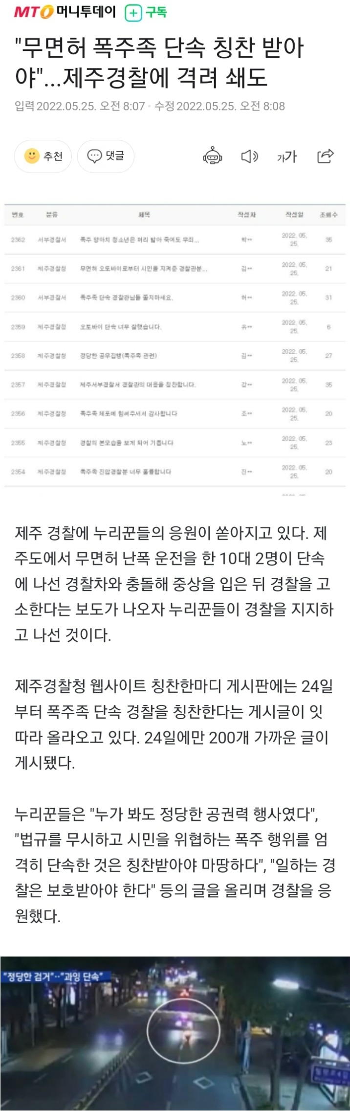 폭주족 단속 제주경찰에 격려 쇄도