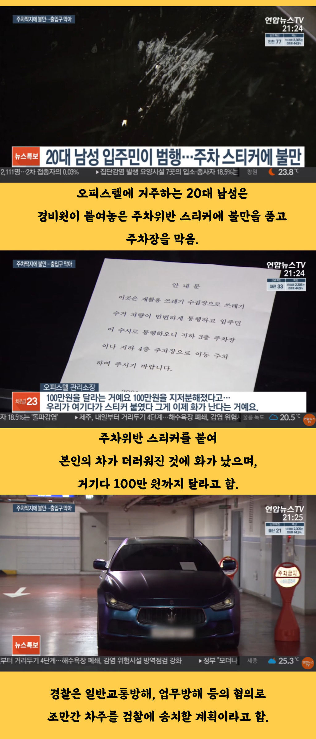 자신의 자동차로 주차장 입구를 막은 남자