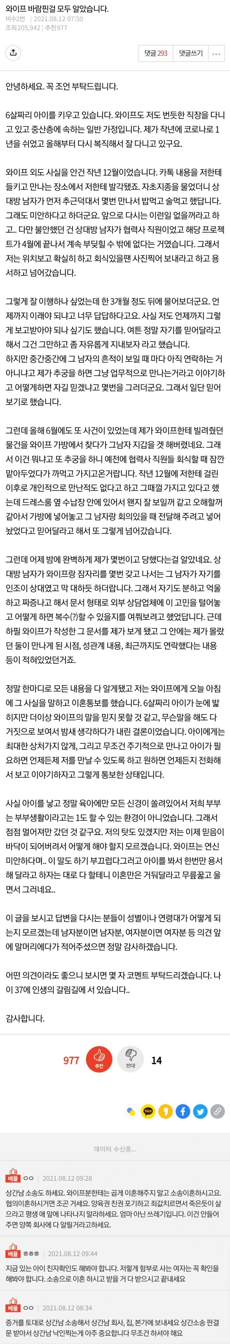 와이프가 바람핀걸 모두 알았습니다