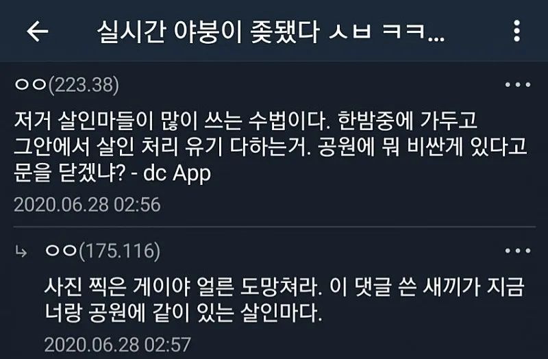 야심한 밤에 공원에 갇힌 야갤러