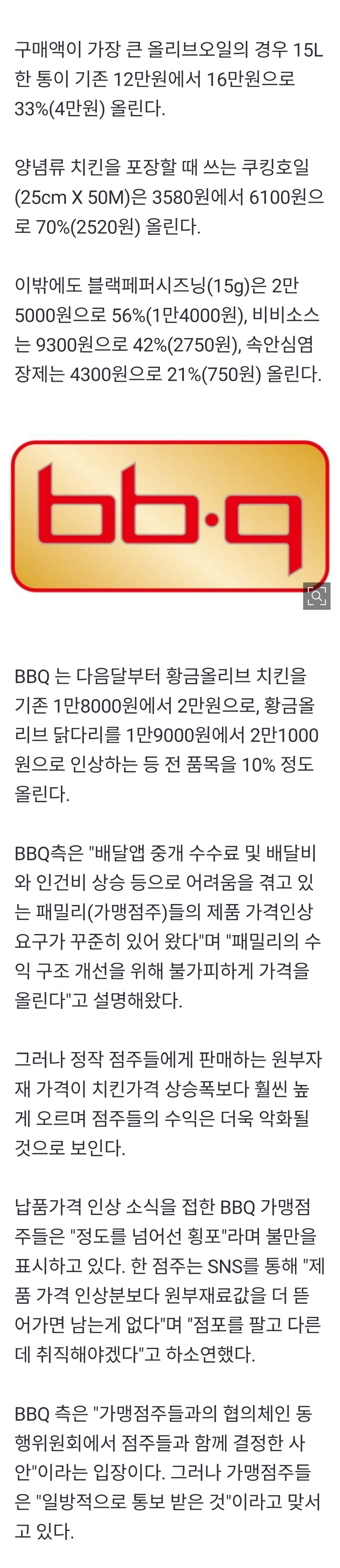 BBQ 치킨값2천원에 납품가70% 인상