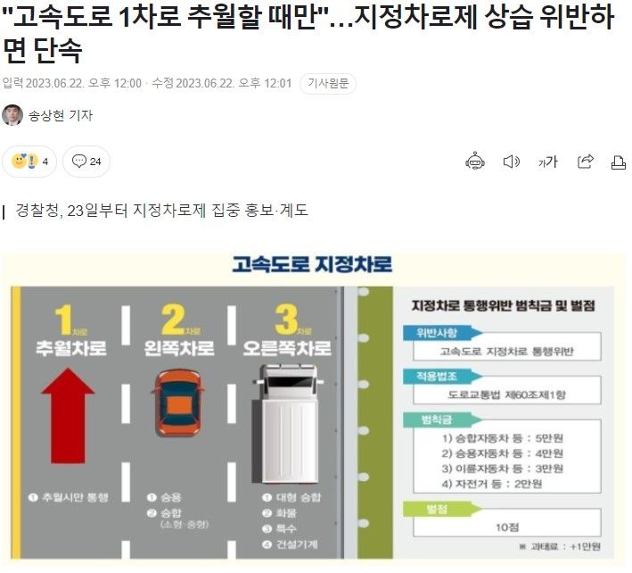 고속도로 지정차로제 상습 위반하면 단속