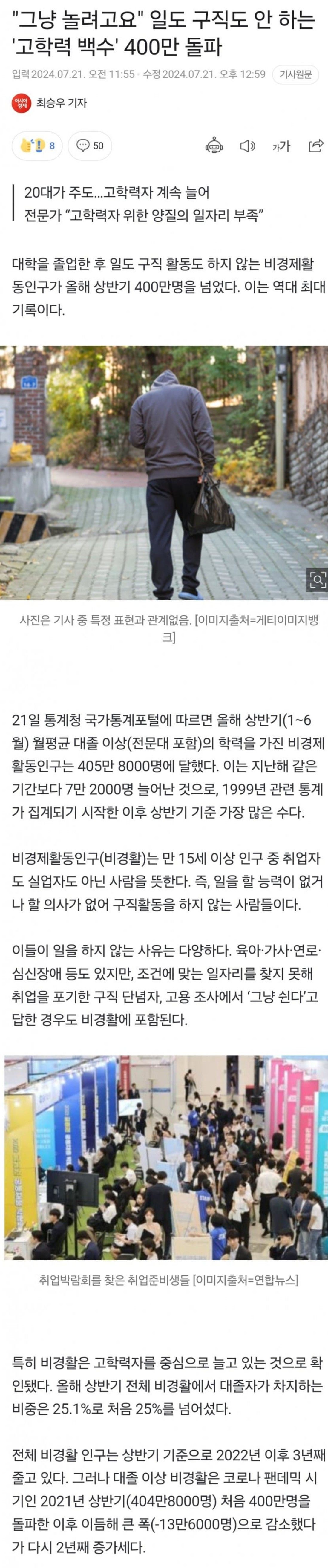 대한민국, 고학력 백수 400만 돌파