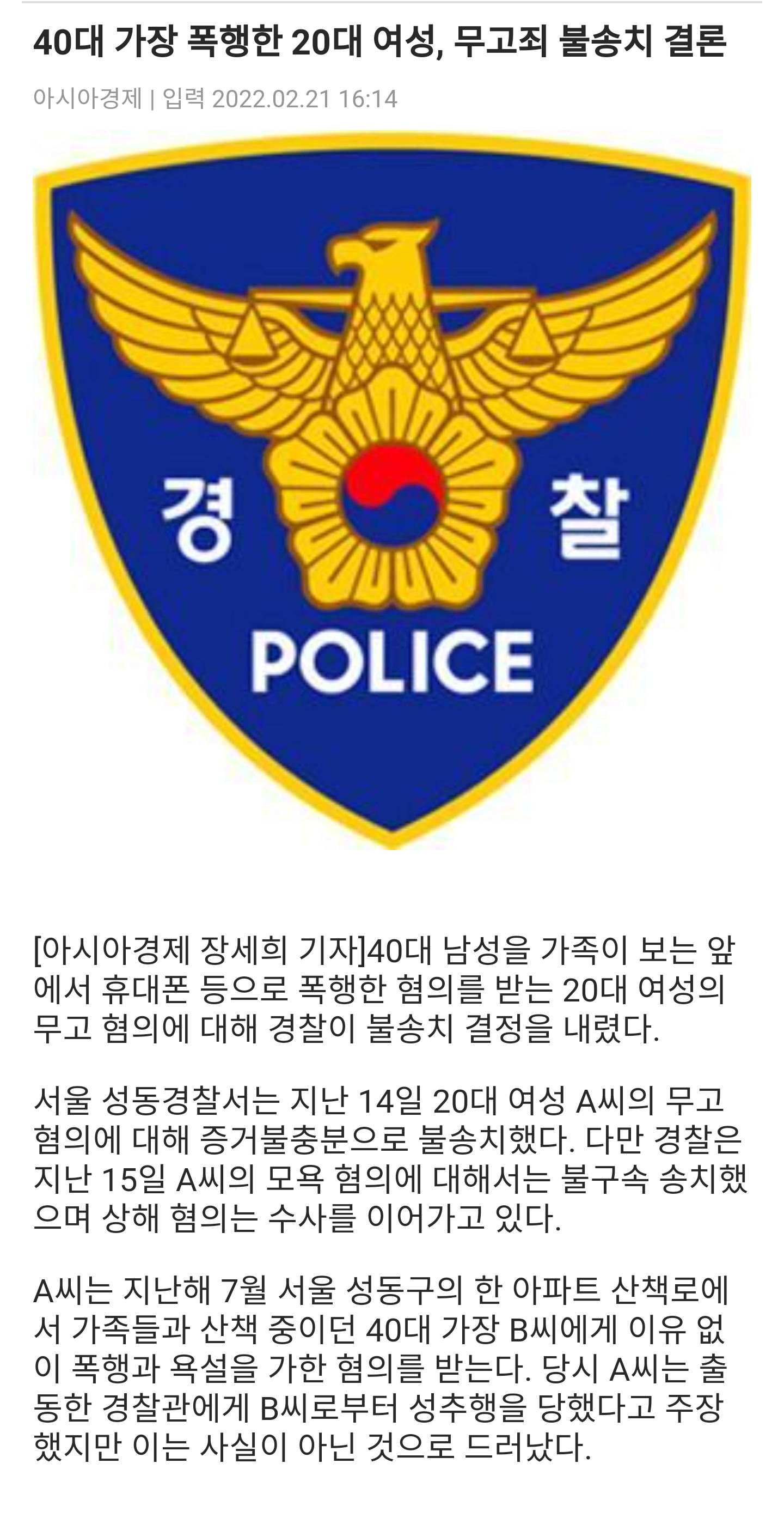 20대 음주폭행녀 무고죄 불송치