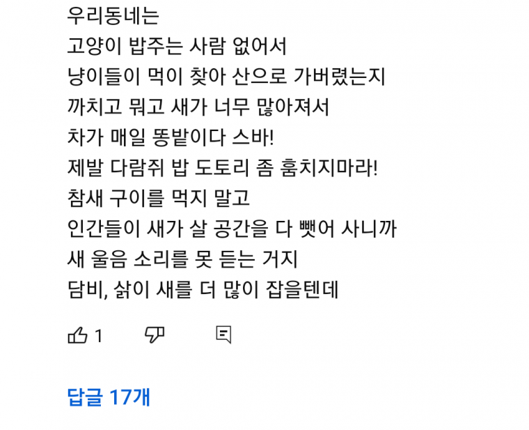 캣맘 저격했던 유튜버 댓글창