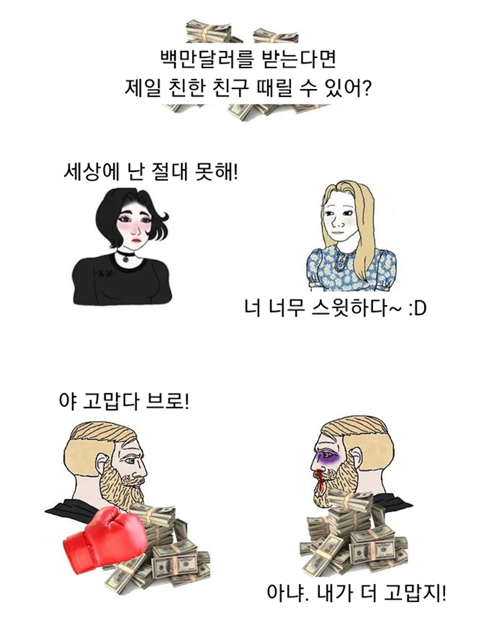 10억 받는다면 제일 친한 친구 때릴수 있나요?