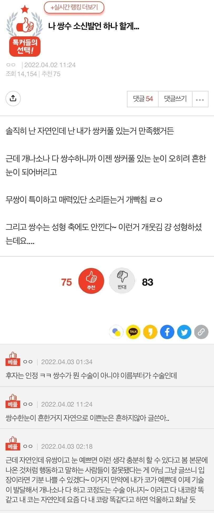 쌍수에 대한 소신 발언