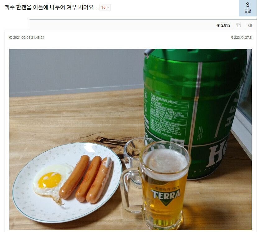 맥주 한캔을 이틀에 나누어 겨우 먹어요