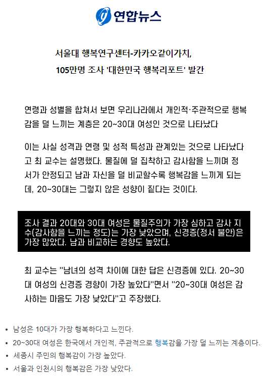 2~30대 여성이 한국에서 제일 불행한 이유