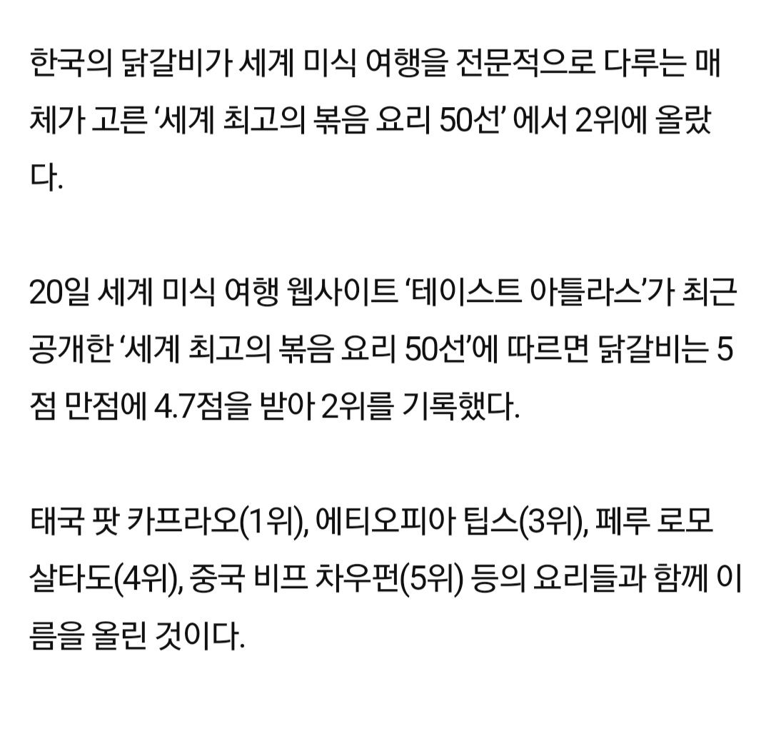 닭갈비 세계 최고의 볶음요리 50선에서 2위