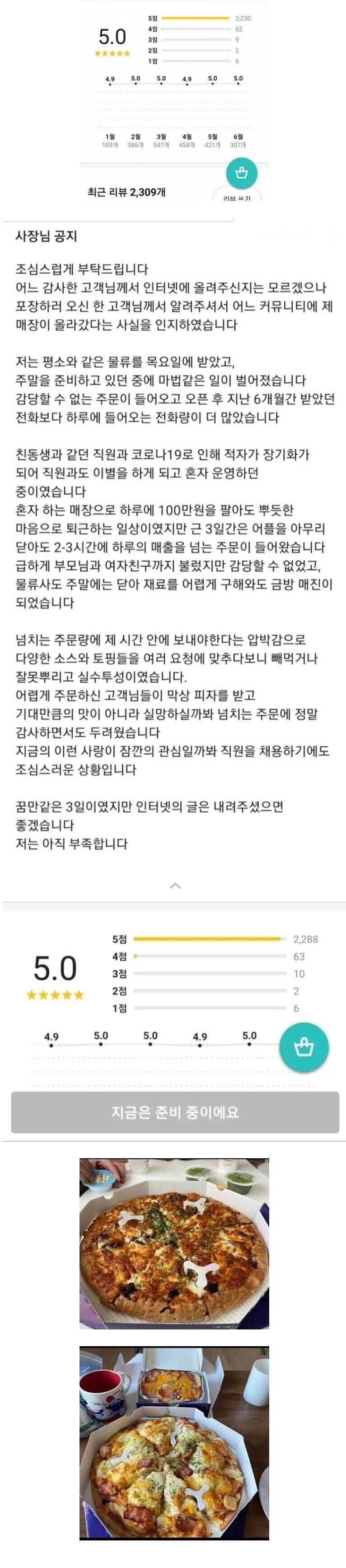 배민리뷰 5.0인 어느 피자집