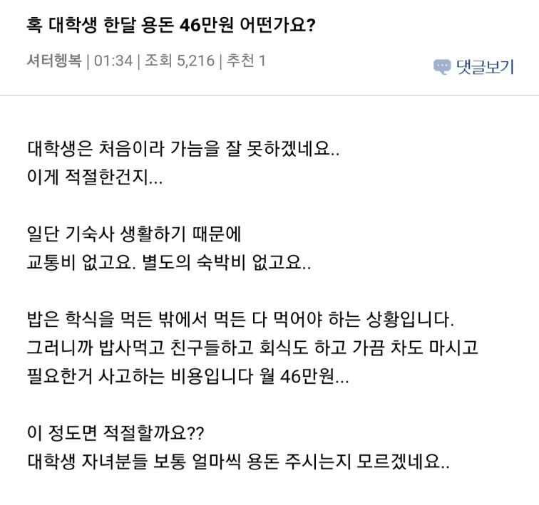 대학생 용돈 46만원 적당한가요?