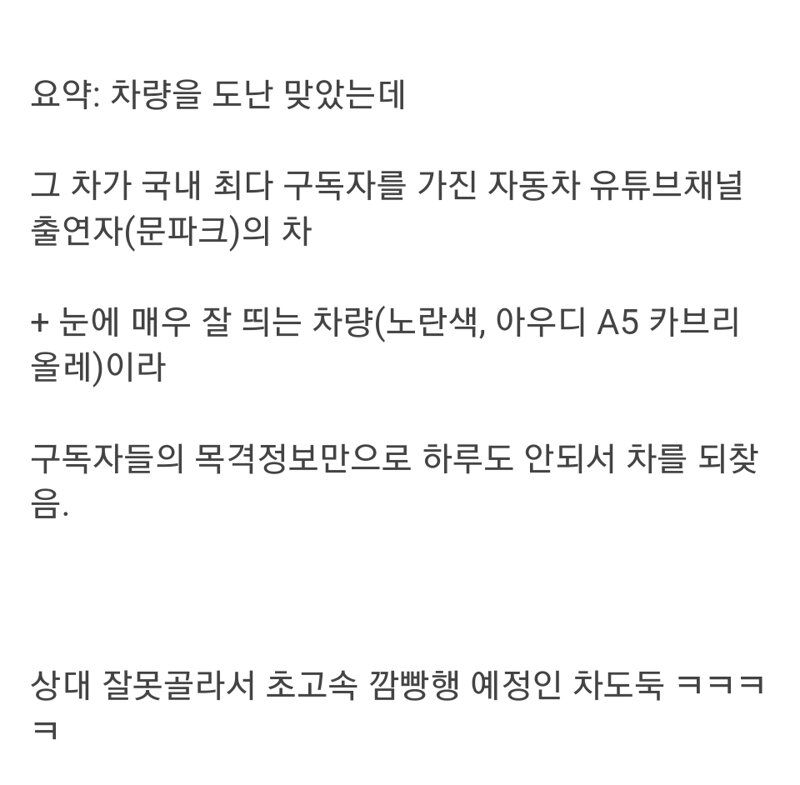 오늘자 아우디 도난당해 커뮤에 글올린 100만 유투버 근황