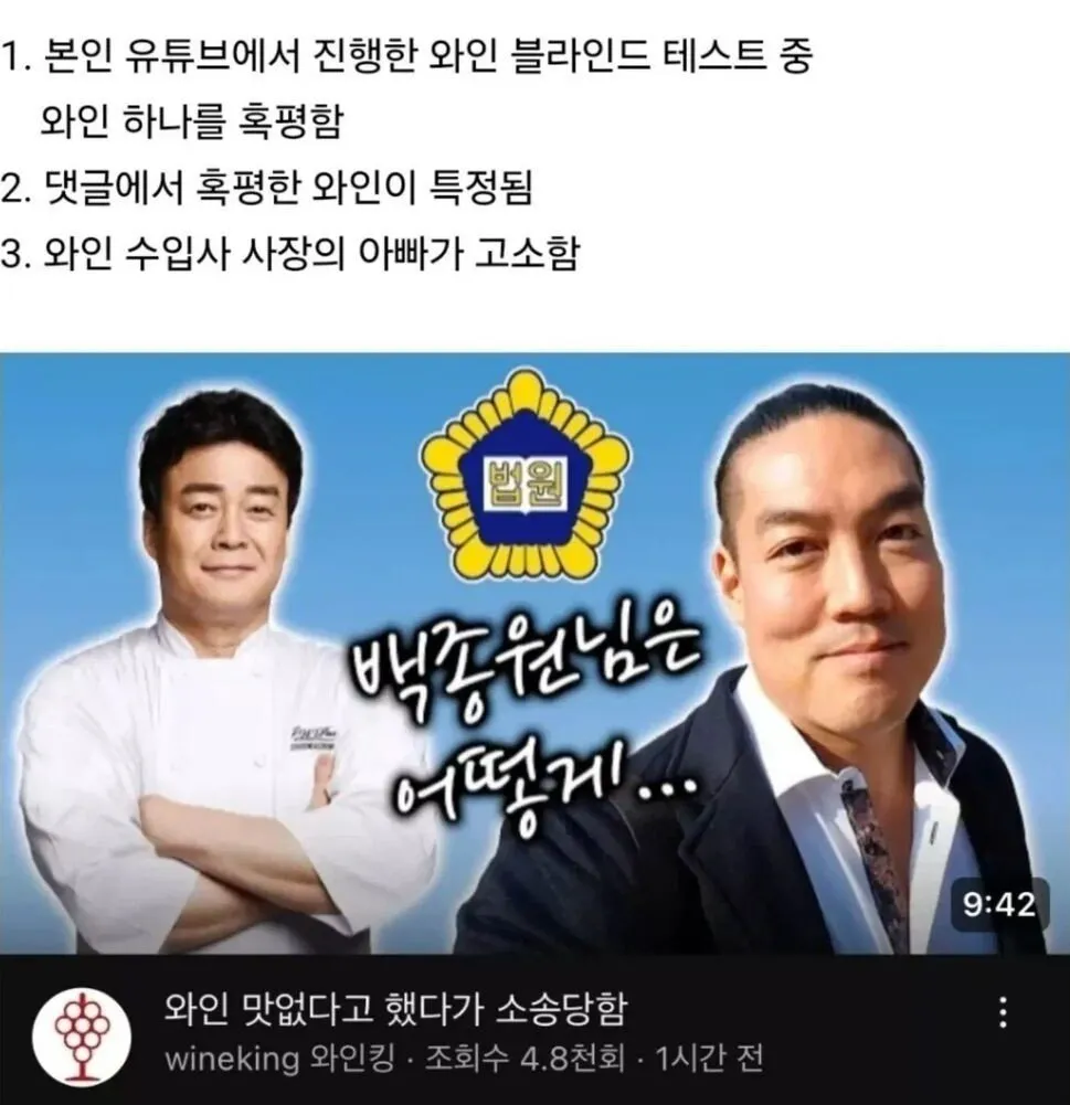 와인 블라인드 테스트후 고소당한 유튜버