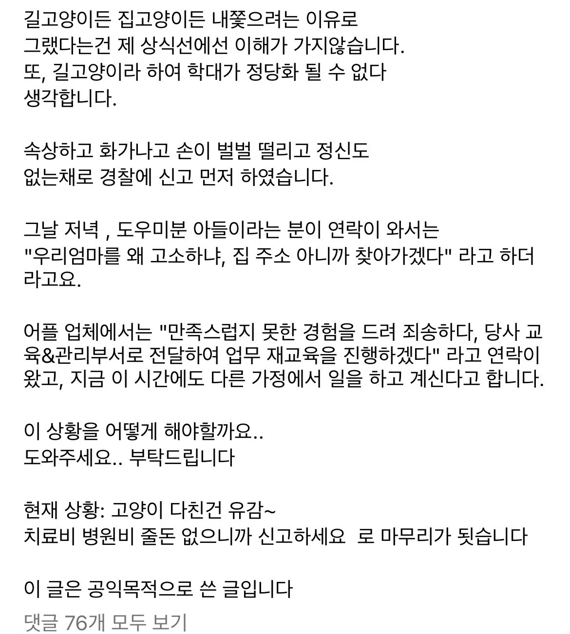 혐) 가사도우미 불렀더니 키우던 고양이 학대