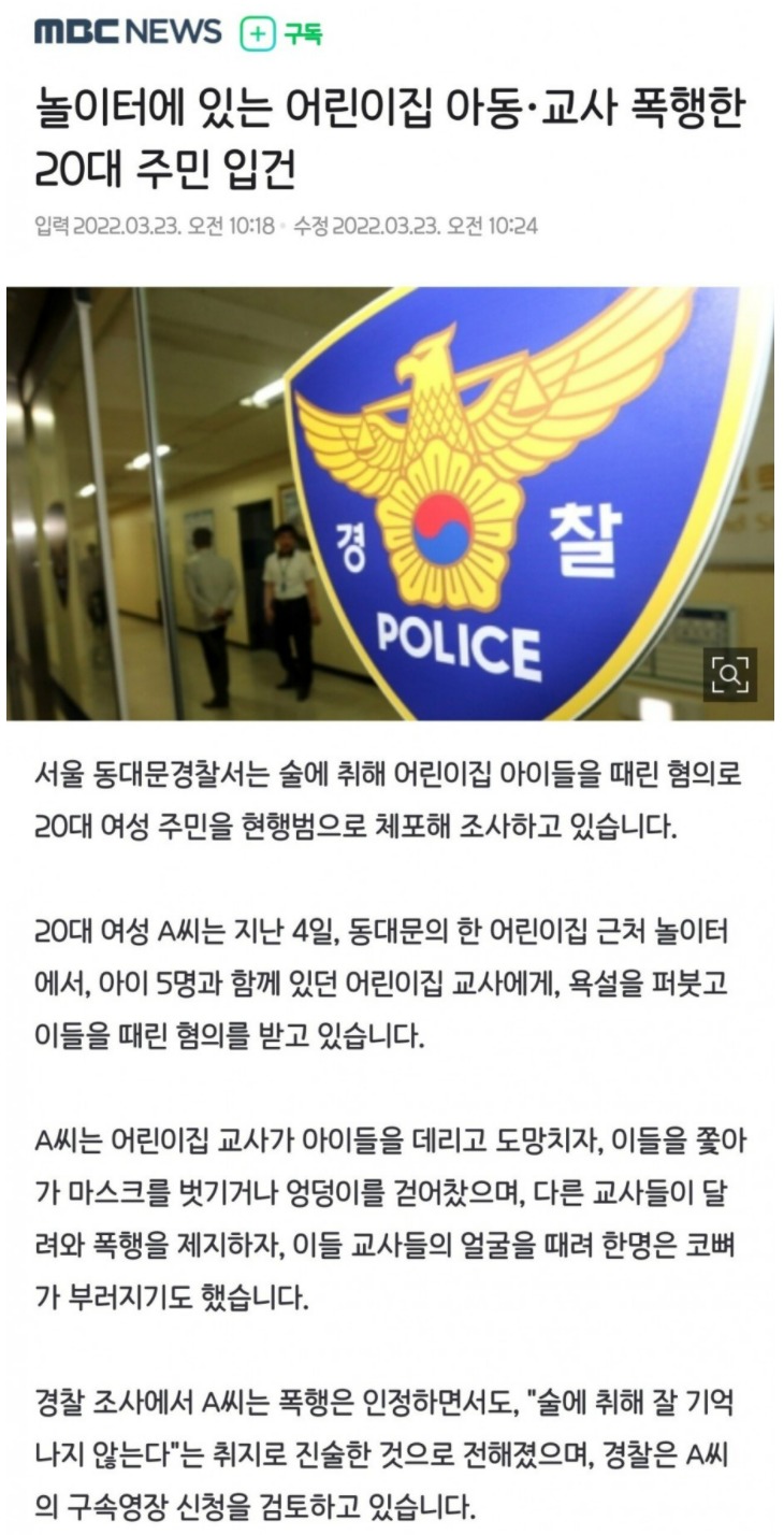 어린이집 아동과 교사 폭행한 20대 여성