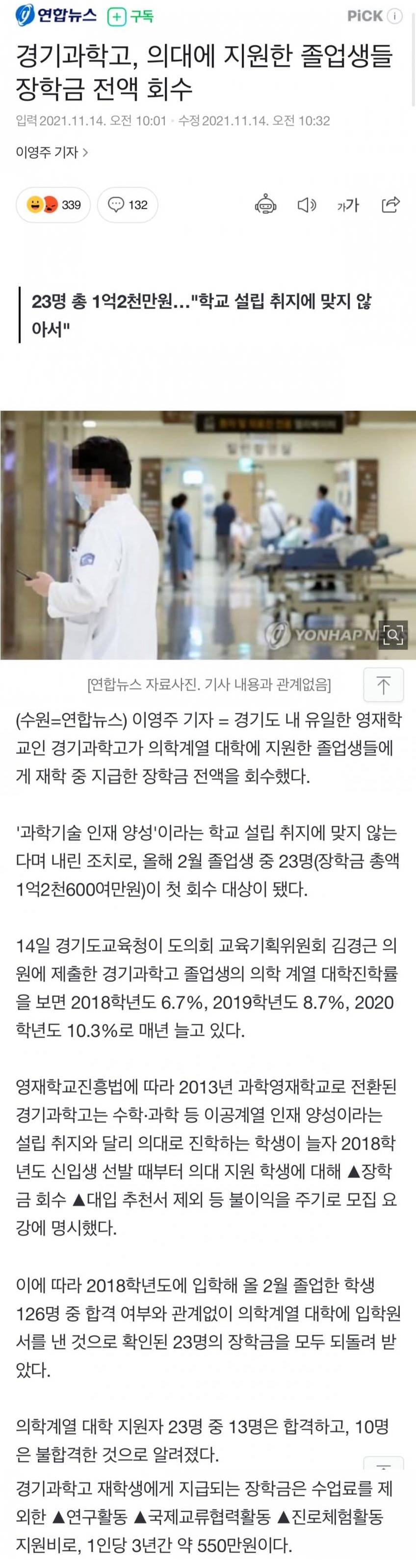 의대 지원한 졸업생 장학금 회수