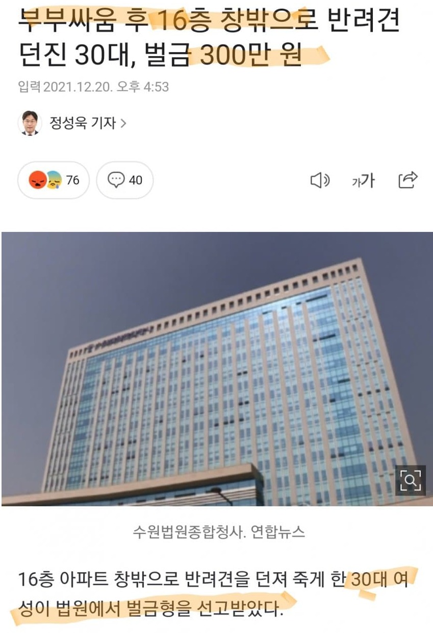 부부싸움 후 반려견 투척