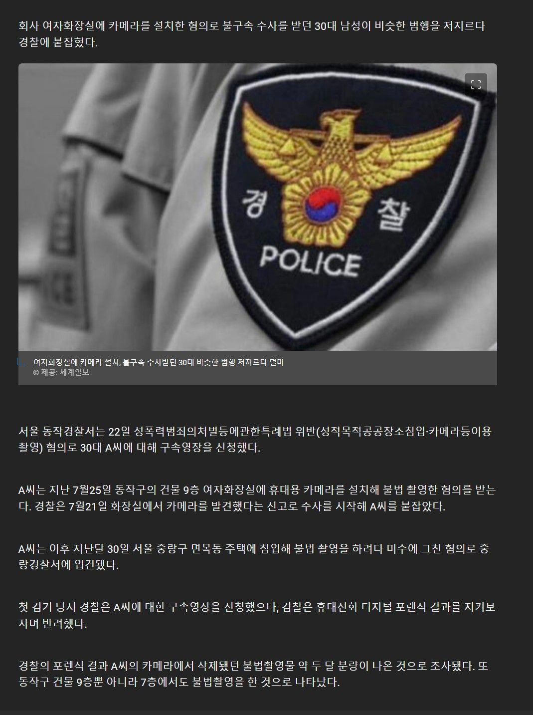 여자화장실에 카메라 설치, 불구속 수사받던 30대 비슷한 범행 저지르다 덜미