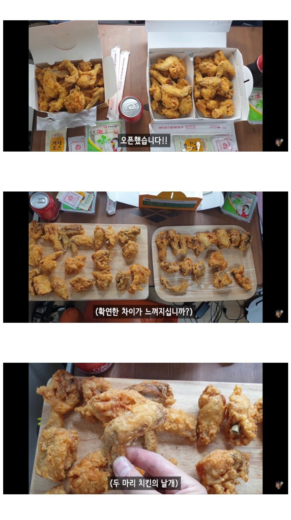 치킨 한마리와 두마리 치킨 세트의 닭 크기 차이