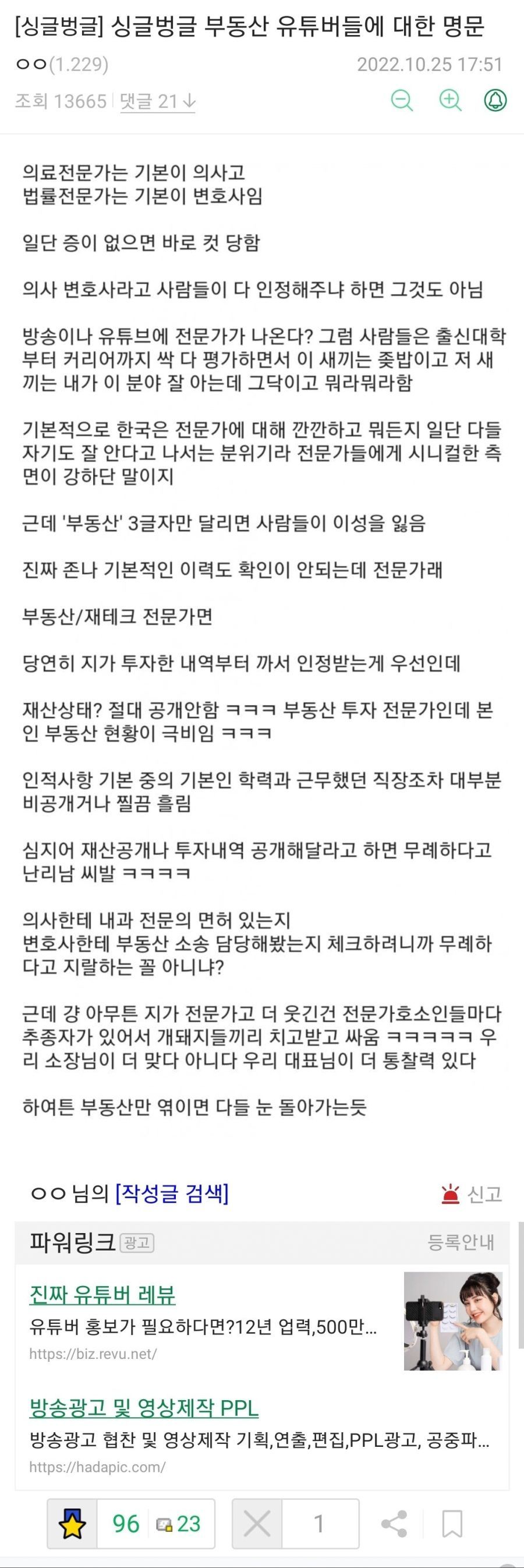 디씨의 부동산 유튜버들에 대한 명문