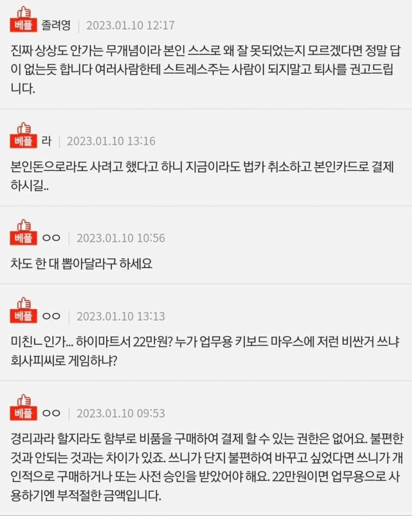 회사 법카로 22만원어치 키보드 마우스 질러버린 경리